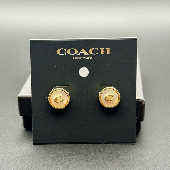 NWT Coach Signature C Mother of Pearl Coin Stud Earrings - Gold Tone - Picture 3 of 6